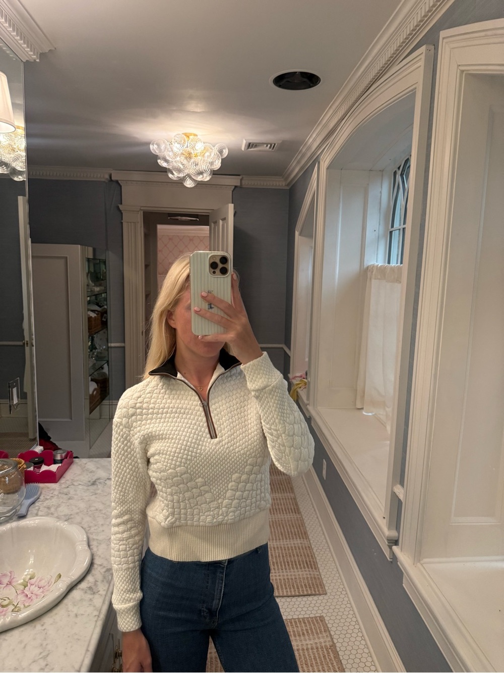 Maje Cream Textured Half-Zip Turtleneck Sweater